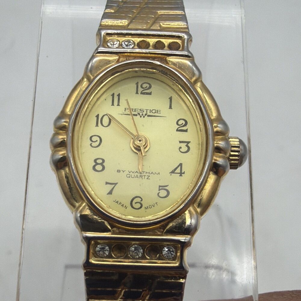 Waltham Prestige Quartz Watch Women Gold Tone New Battery 6.75" Missing Stones